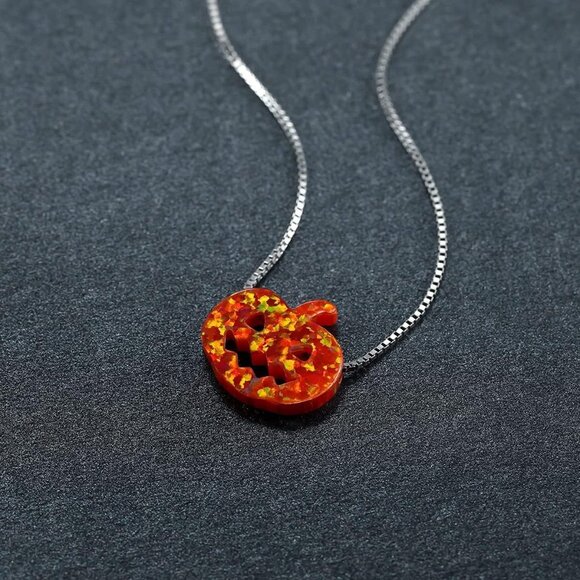 Halloween Ghost Pumpkin Opal Necklace, 925 Sterling Silver White Orange Fire Opa - Picture 3 of 6